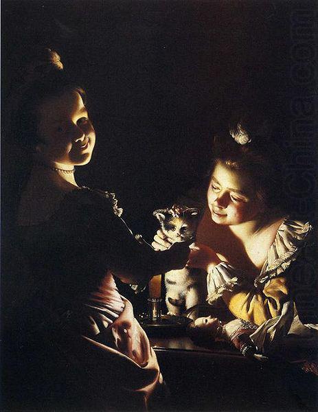 Joseph Wright of Derby. Two Girls Dressing a Kitten, Joseph wright of derby